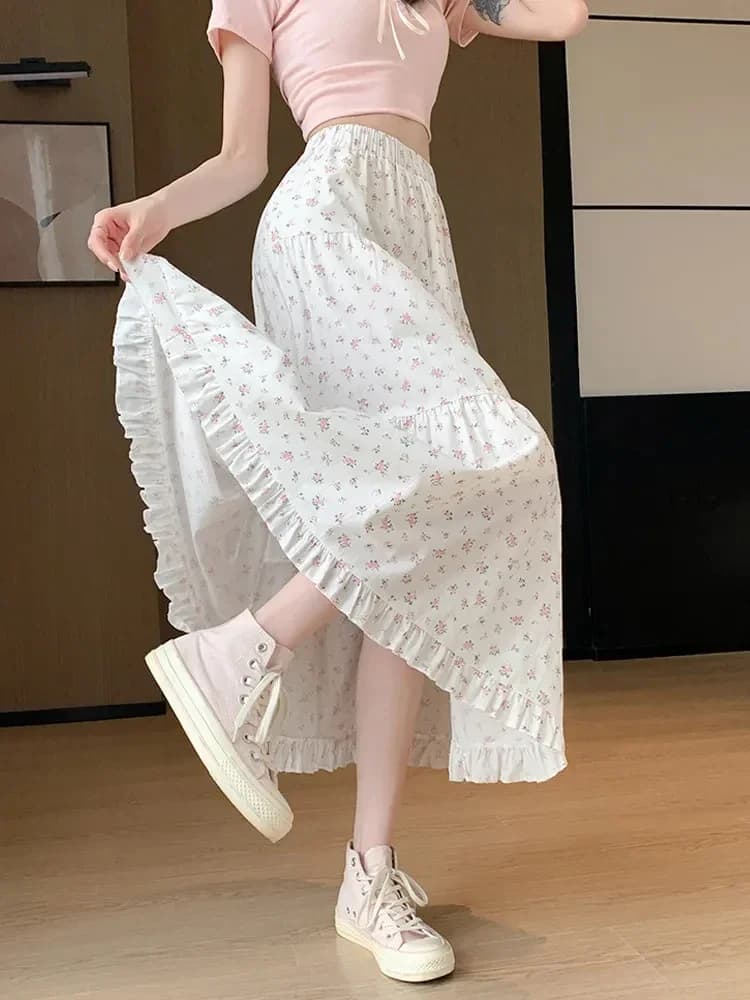 Jupe longue à volants floraux pour femmes, Vintage, élégante, taille haute, française, décontractée,