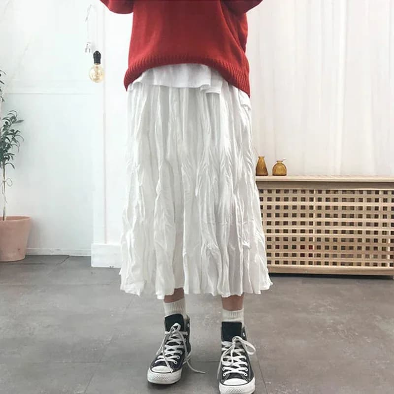 Jupes longues plissées Kawaii pour femmes, taille haute élastique, couleur unie, noir et blanc, prin