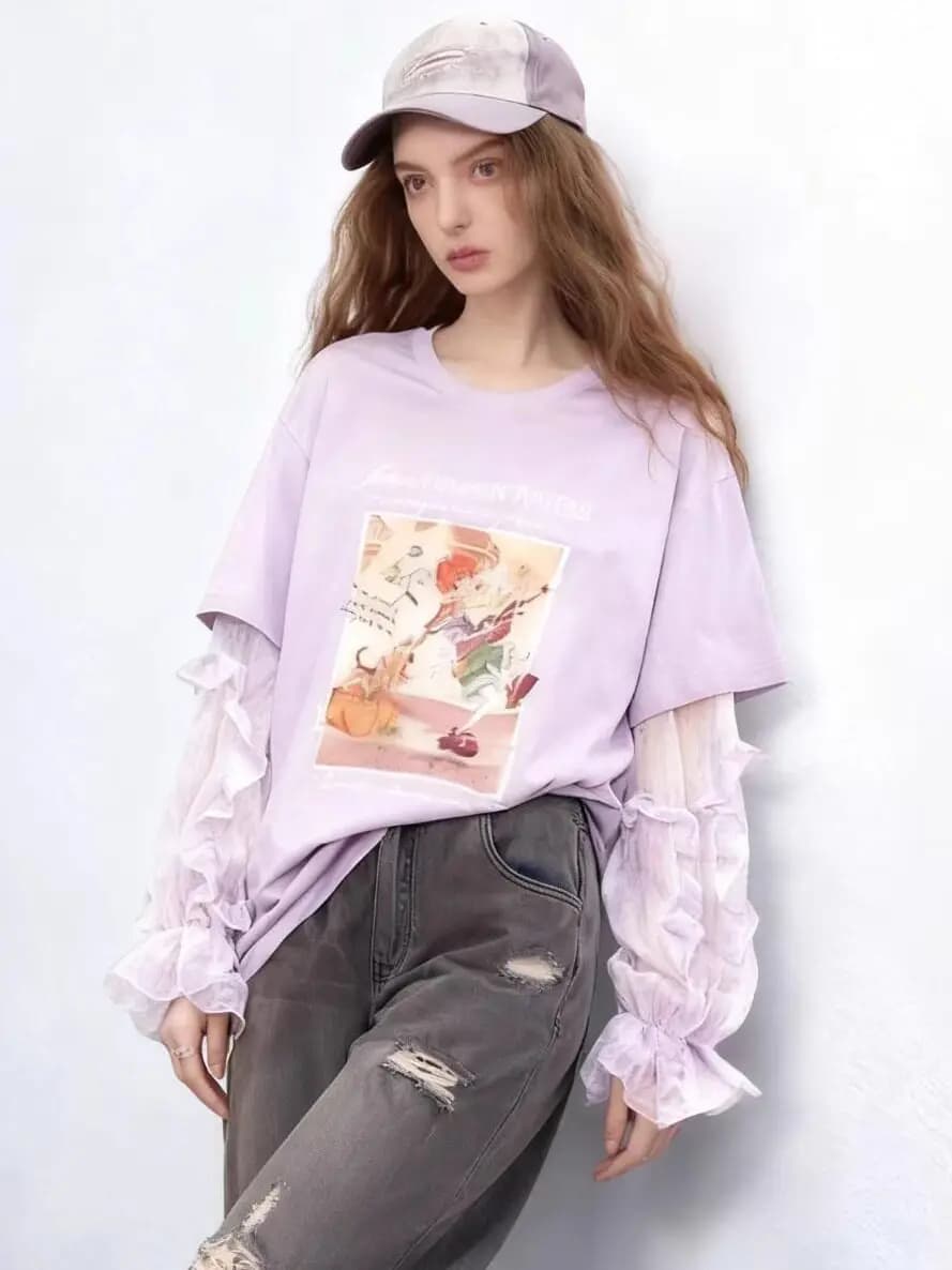 Faux deux-pièces imprimé jaune, effet patchwork T-shirt à manches longues pour femme, nouveau st