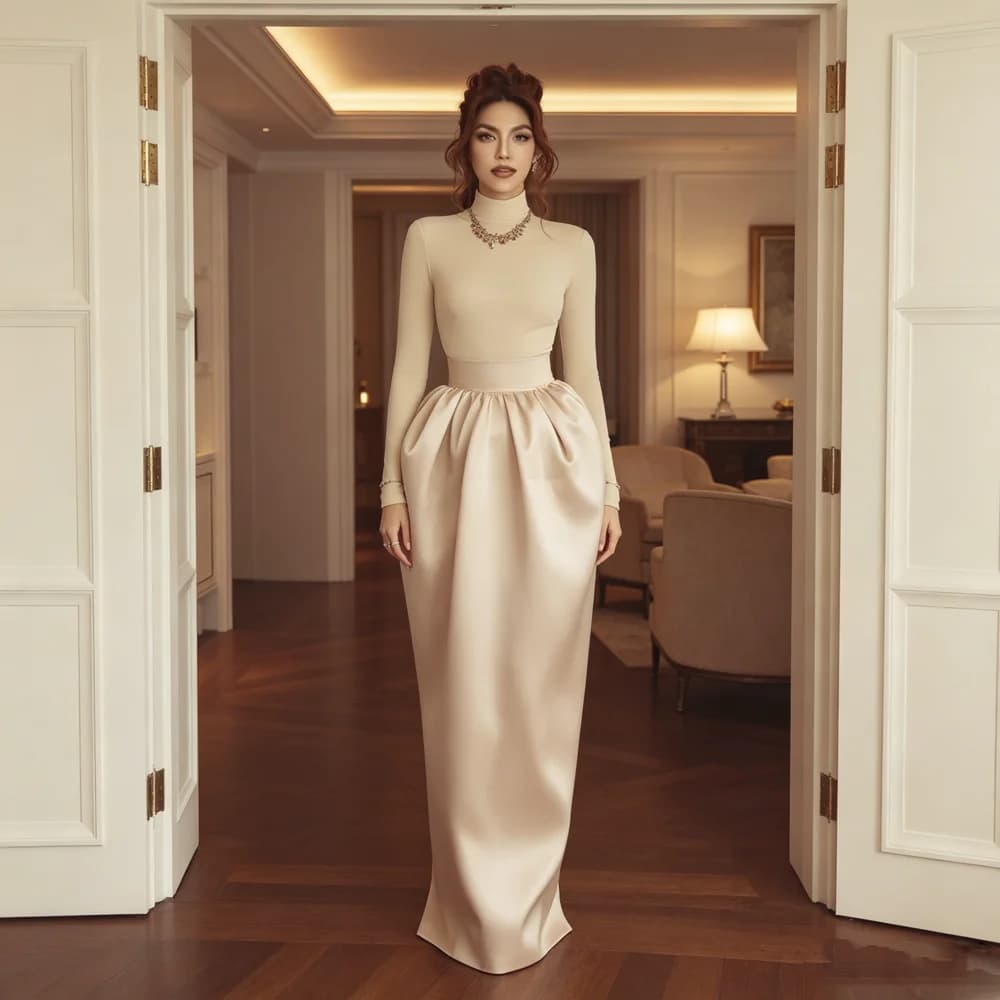 Jupe longue maxi taille haute en satin champagne pour femme, jupe bouffante avec poches, longueur ra