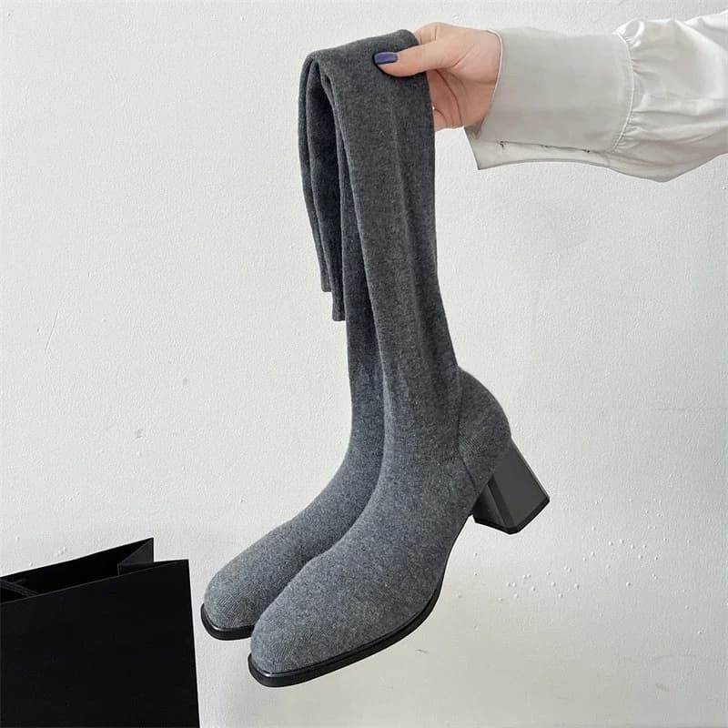 Mode talons hauts femmes cuissardes automne hiver perle tissu élastique chaussette mince chaussons l