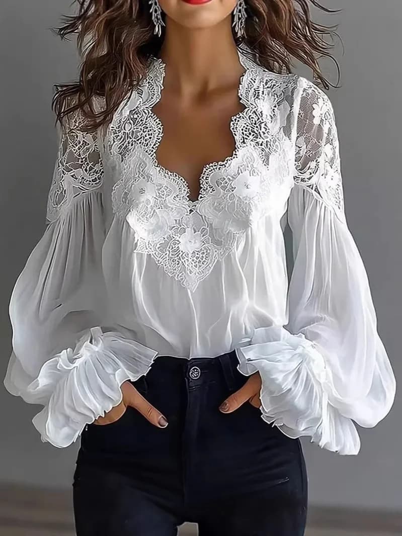 Chemisier en dentelle pour femme, manches évasées, élégant, chic, à volants, chemises blanches à man