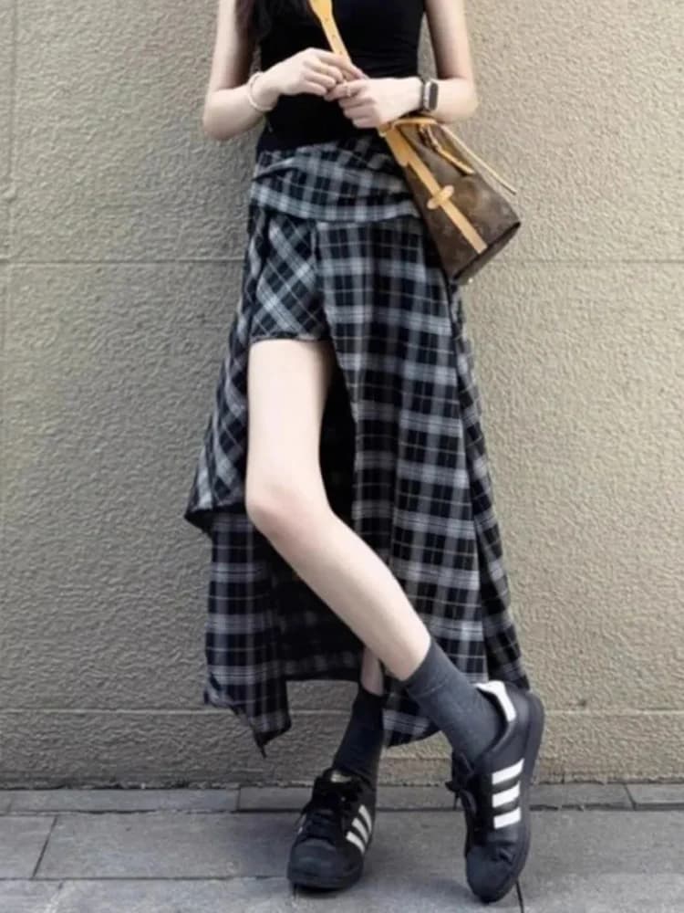 Jupe longue fendue à carreaux sexy pour femme, style streetwear rétro, taille haute, asymétrique, ét