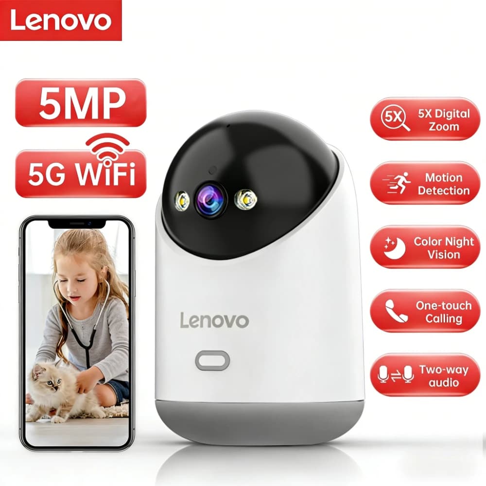 Caméra de sécurité domestique intelligente Lenovo 5MP 5G WiFi, caméra IP pour bébé, vision nocturne