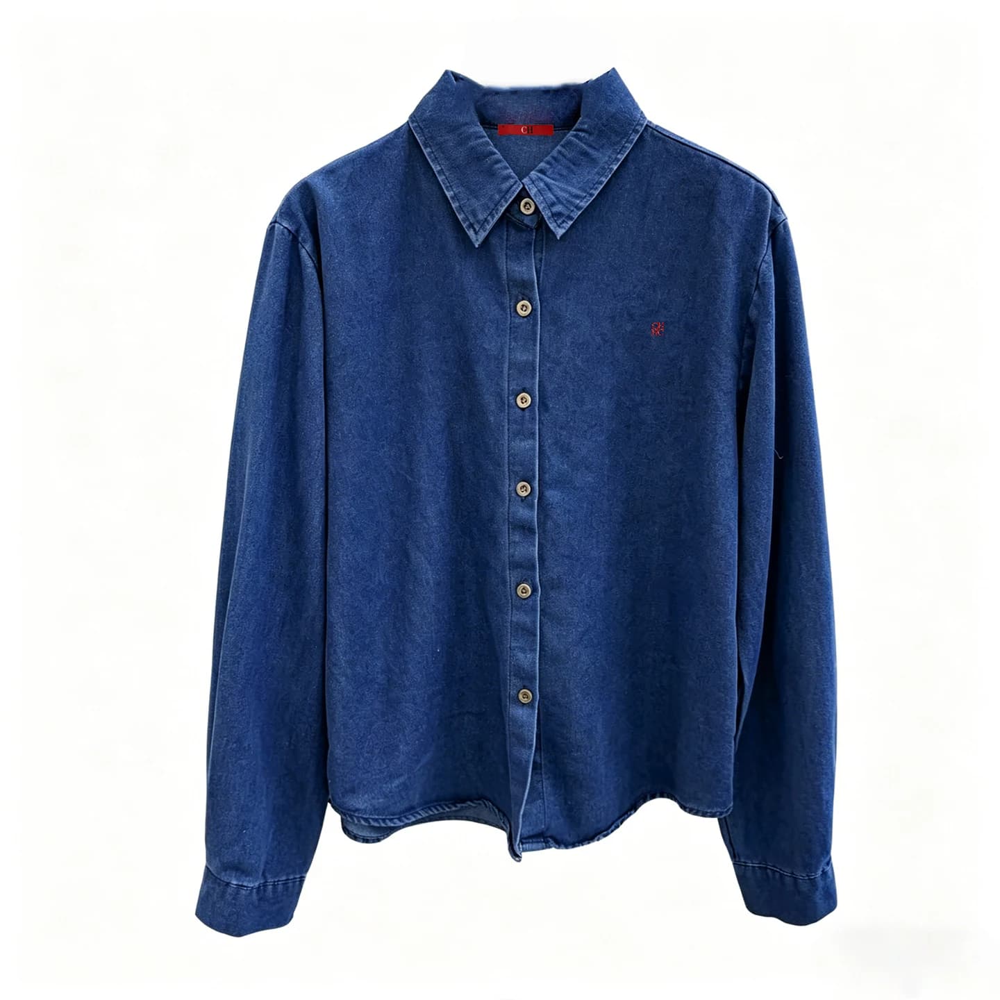 Chemise en jean brodée CH à manches longues pour femme, col pointu, coupe classique, style américain