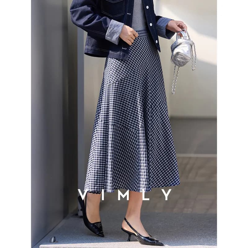 Jupe longue décontractée VIMLY pour femme, style français, à carreaux marine, coupe trapèze asymétri