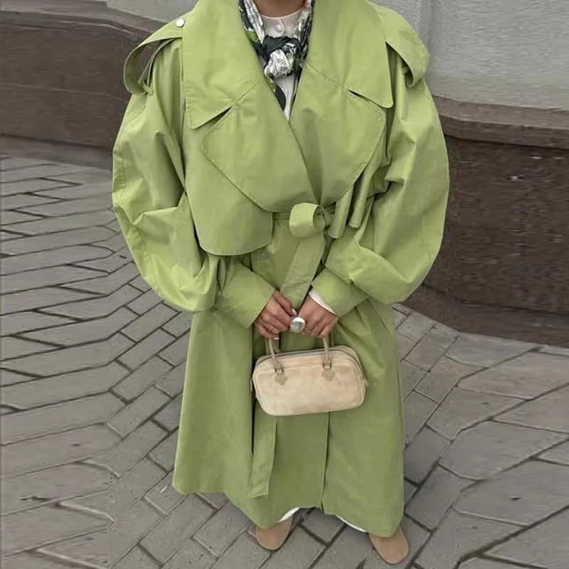 Élégant vert ceinture solide femmes coupe-vent manches longues à lacets Trench Double boutonnage dam