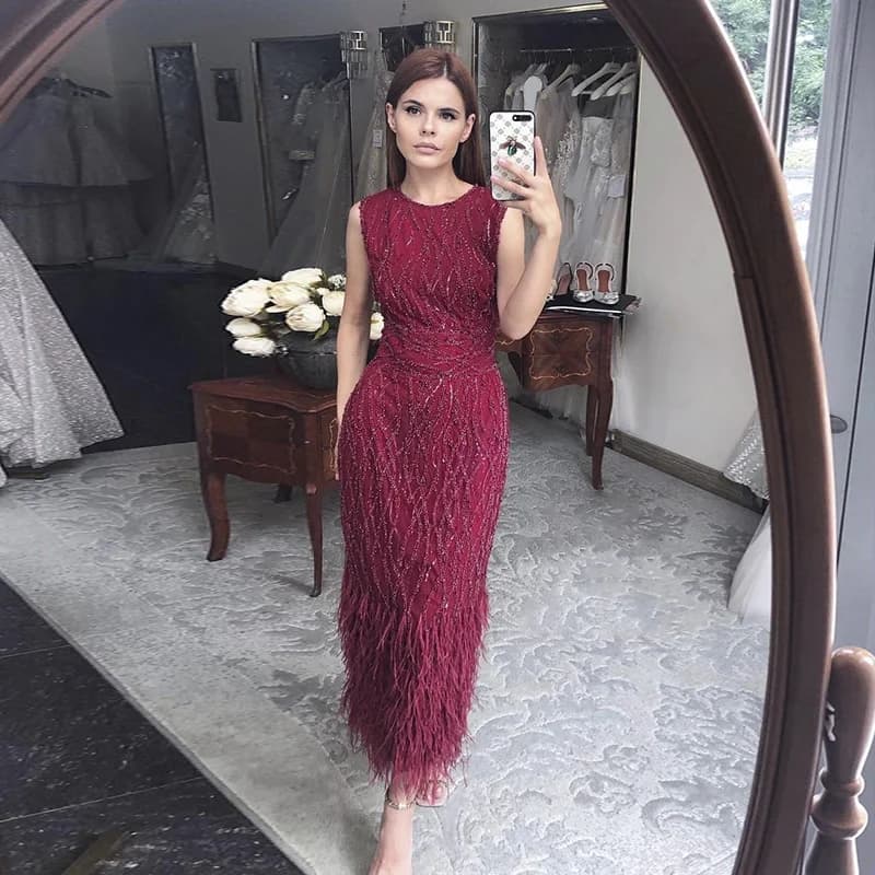 Robe de soirée longue Sharon Said avec plumes, luxueuse, ornée de perles, modeste, pour occasions fo