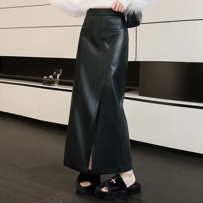 Jupe longue en cuir automne-hiver 2026, sexy, taille haute, coupe droite et fine, avec fente mi-long