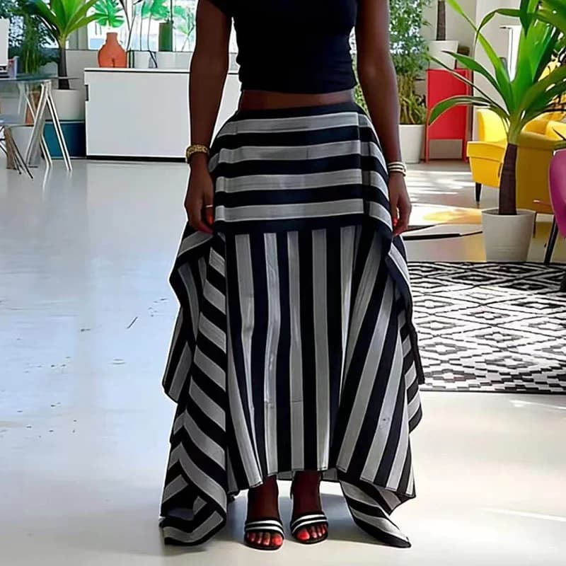 Jupe midi rayée structurée pour femme, décontractée, à empiècements, polyvalente, coupe ample, colle
