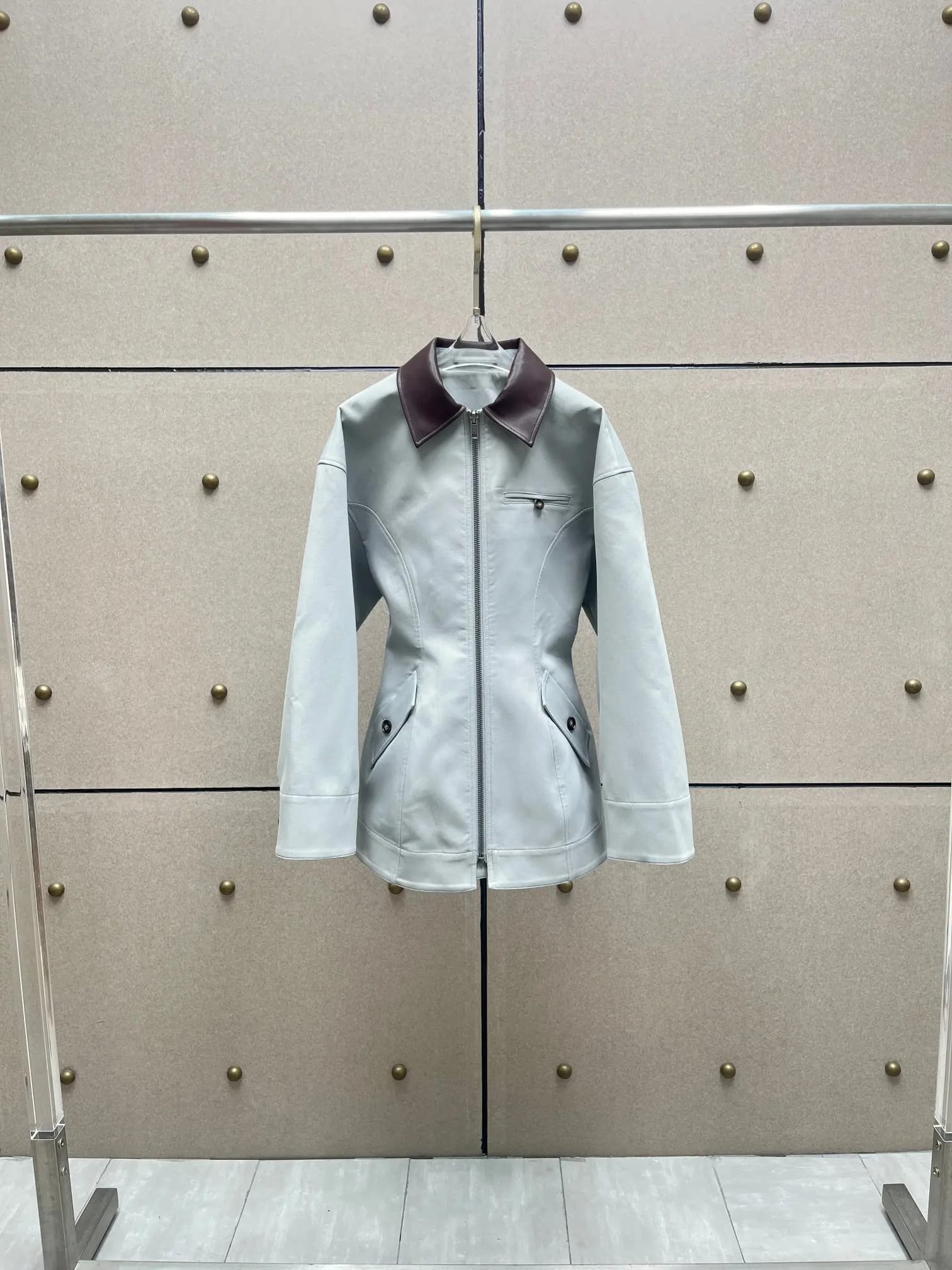 Veste à panneaux en cuir, une veste femme à manches longues à revers de couleur contrastée de style