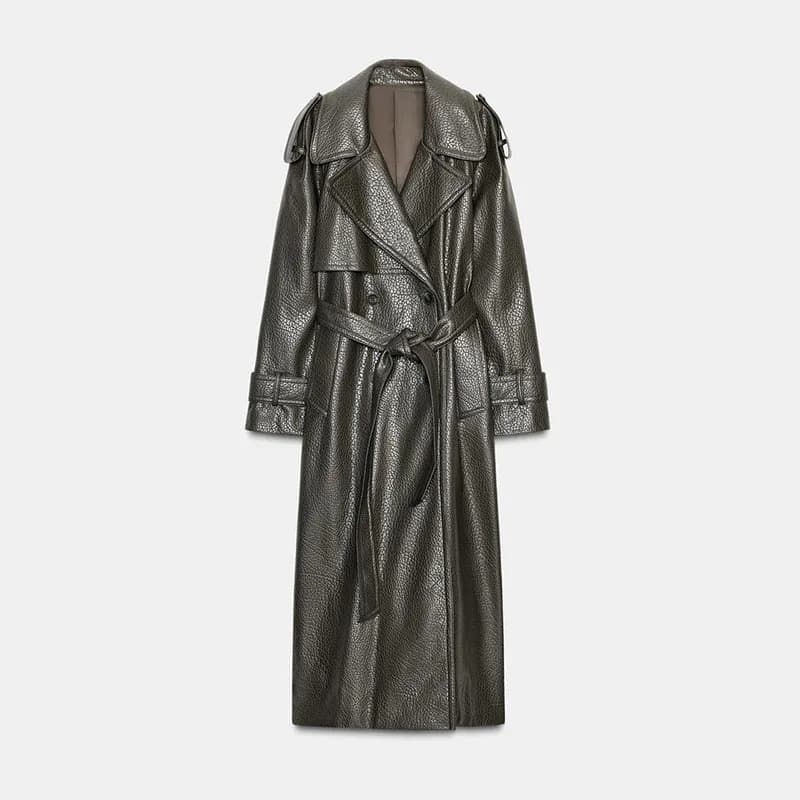 Manteau Long en cuir à lacets pour femme, Double boutonnage, manches longues, ample, couleur unie, v