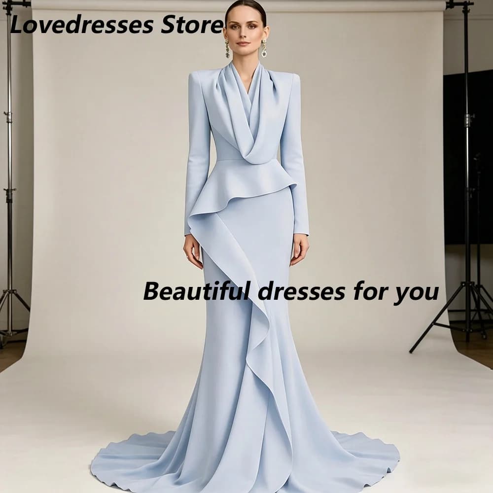 Robe de soirée bleu pâle personnalisée, col en V, manches longues, plissée, coupe sirène, longueur r