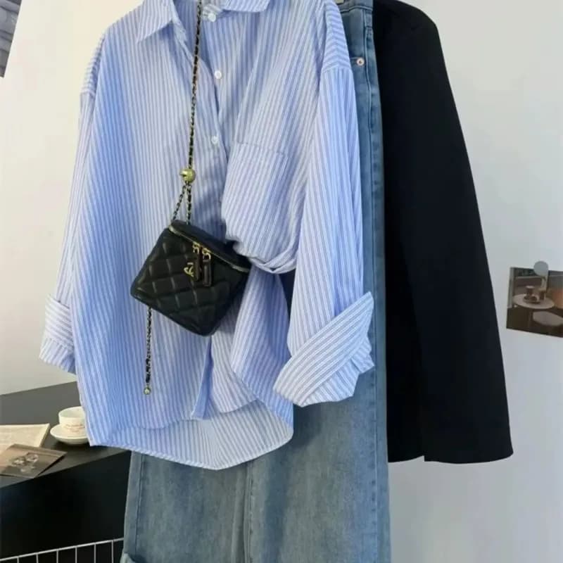 Chemise à manches longues pour femmes, rayé bleu, Design Sense, petit vêtement d'extérieur Ence, che