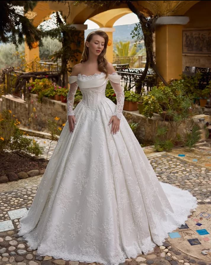 Robe de mariée élégante en forme de A pour femmes, épaules dénudées, manches longues, robes de marié