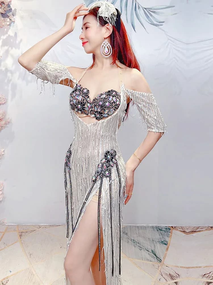 Vêtements de danse du ventre sirène, robe longue Sexy à paillettes pour femmes, Costumes de danse du