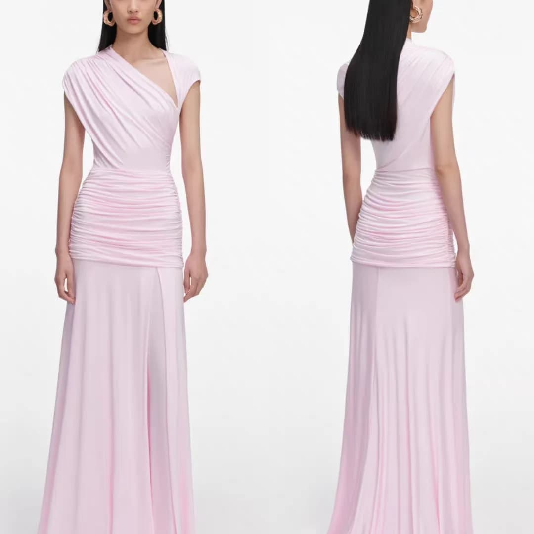 Robe longue rose asymétrique sans manches pour femme, taille haute, élégante et tendance