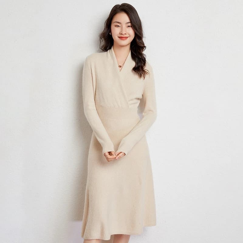 Jupe en cachemire pour femmes, col en v croisé, taille, robe longue en laine, pull, jupe Slim en tri