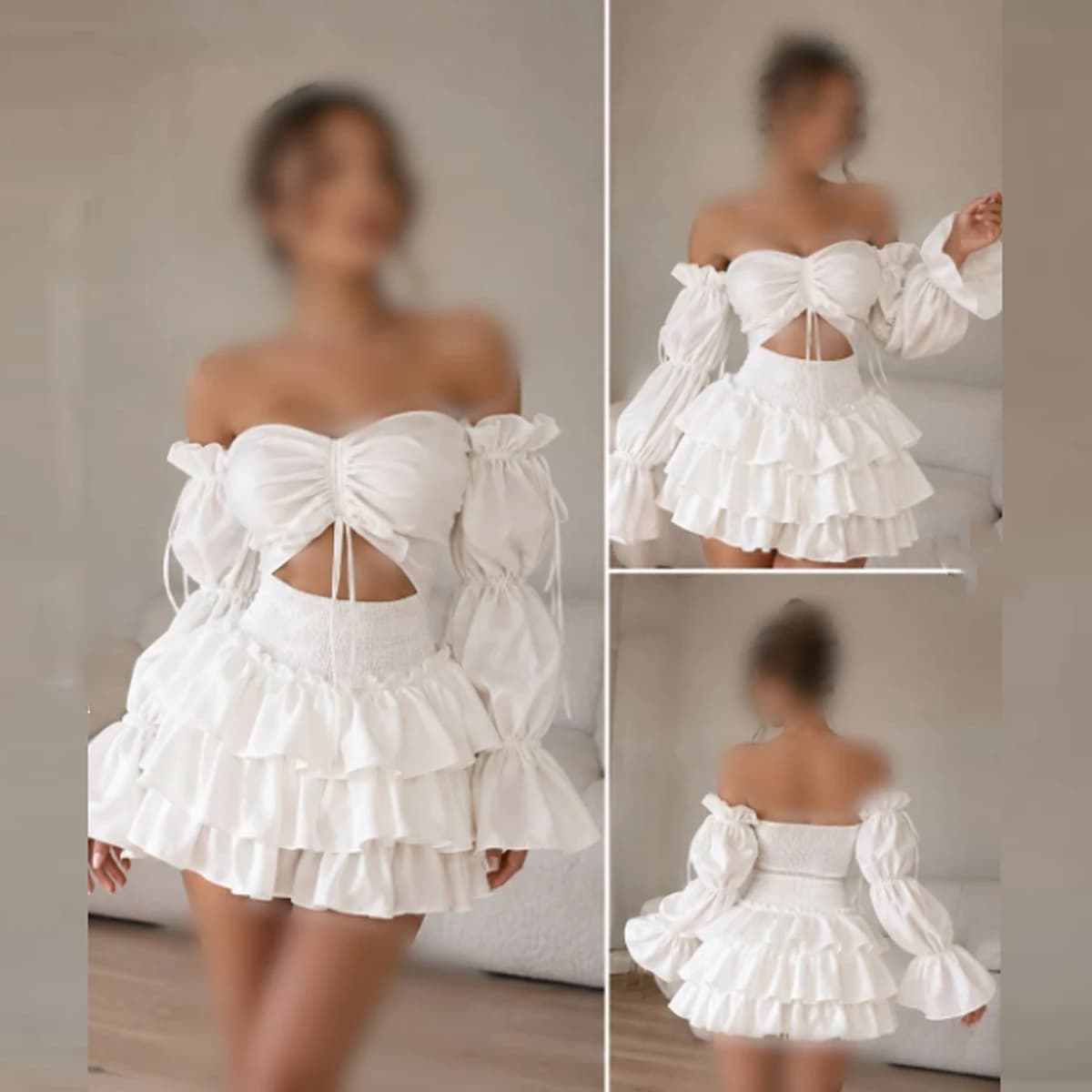 Ensemble deux pièces blanc pour femme, style épaules dénudées, avec mini-jupe à volants étagés et ha