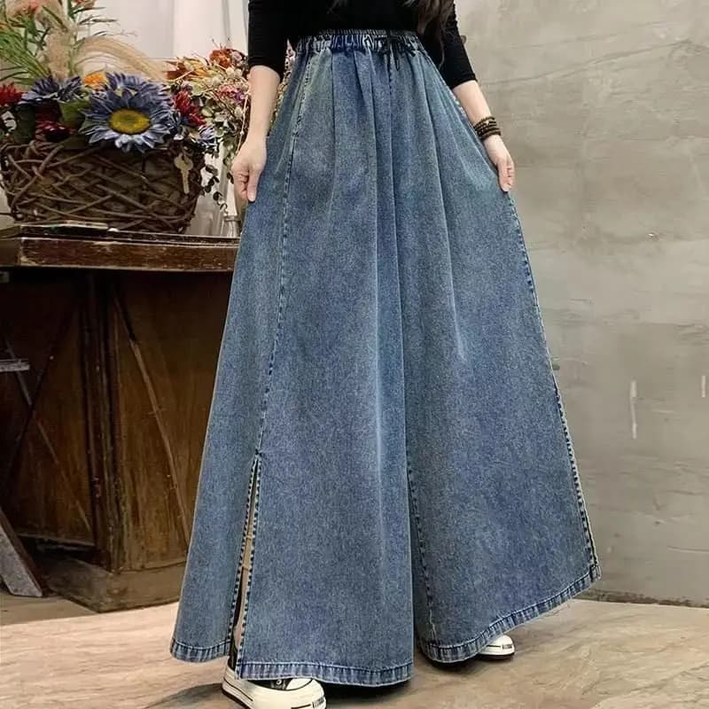 Culottes en jean bleu pour femme, coupe palazzo, taille haute, jambe large, ourlet fendu, style vint