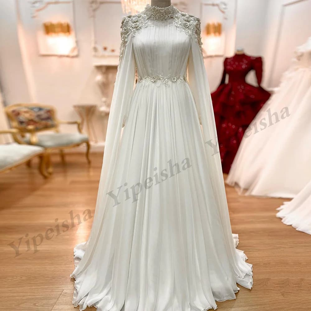 Robe de Mariée en Mousseline de Soie à Manches sulf, Col Haut, Fleurs 3D Appliquées, Perles, Ligne A