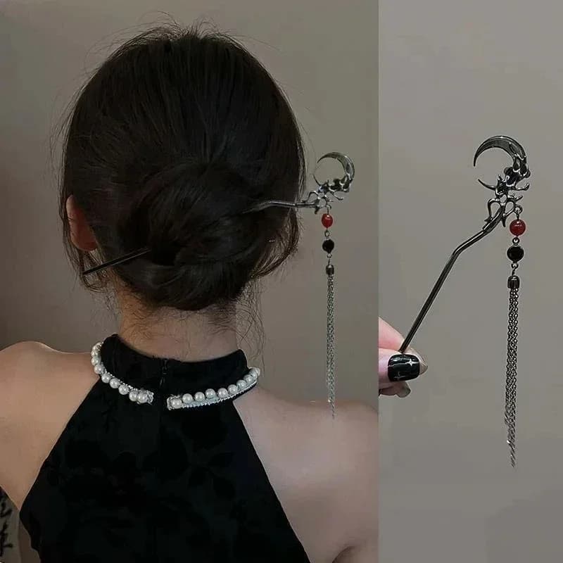 Épingle à cheveux à pampilles roses de Style chinois, avec cheveux enroulés à l'arrière de la tête,
