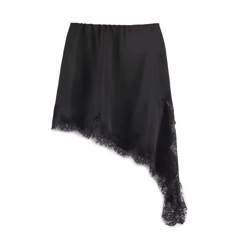 Jupe en satin et dentelle pour femme, élégante, asymétrique, mini-jupe vintage à taille élastique, f