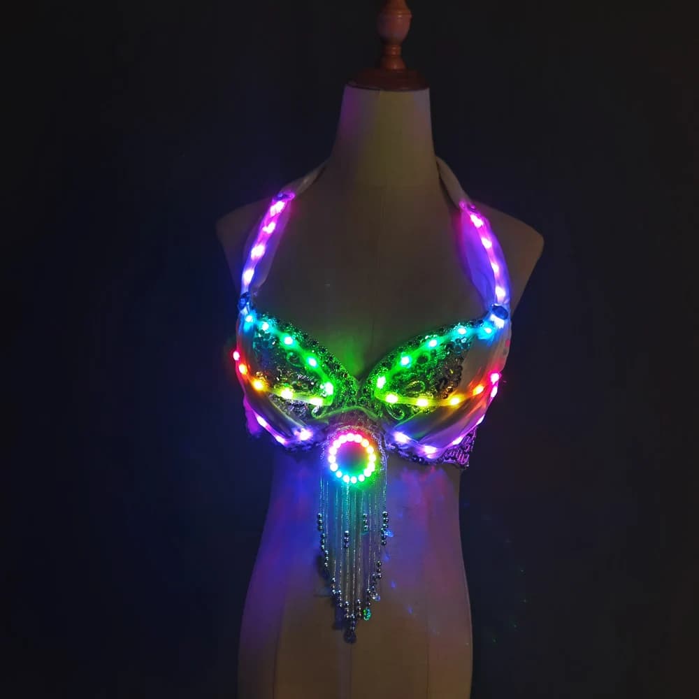 Jupe fendue de danse du ventre pour femmes, lumières de couleur LED, vêtements d'entraînement profes