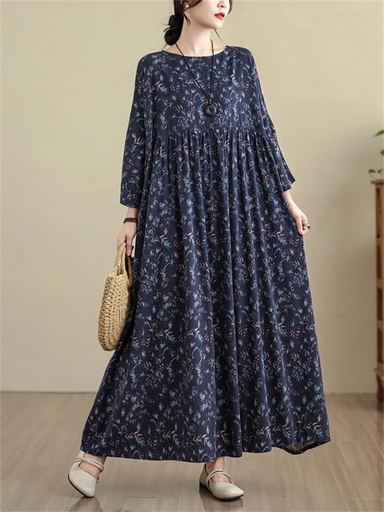 Coton à manches longues Vintage imprimé robes Vintage pour femmes surdimensionné décontracté Robe lo