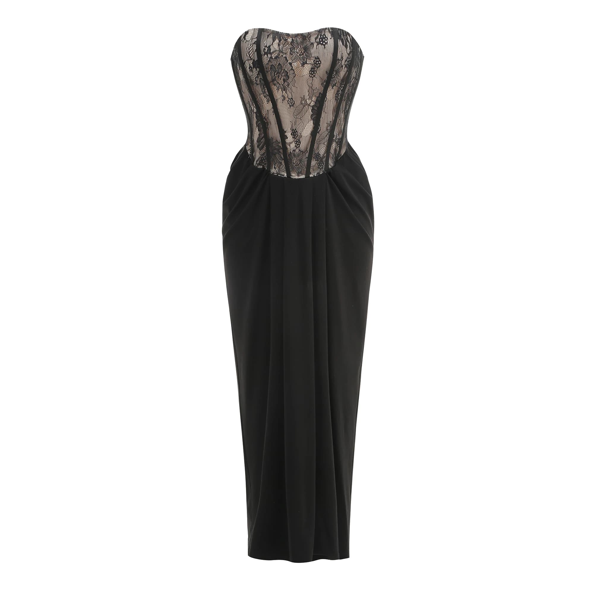 Robe longue de soirée élégante avec corset en dentelle sans bretelles noire – Robe formelle avec jup