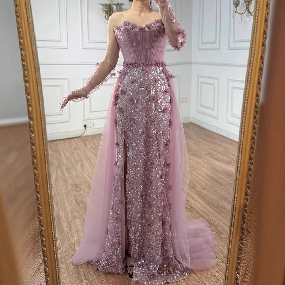 Robe de soirée élégante rose, motif Floral 3D, fente haute, avec gants, surjupe, Serene Hill, 2021,