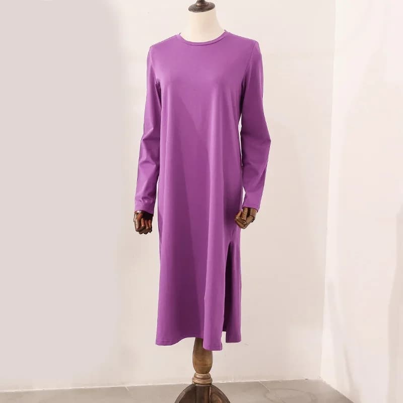 Robe longue décontractée en coton pour femme, ample, à manches longues, col rond, couleur unie, styl