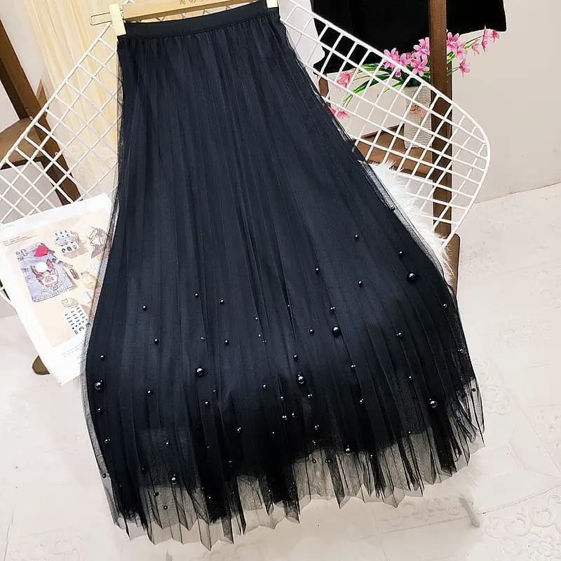 Jupe Midi Plissée en Maille pour Femme, Chic, Perle, Esthétique, Vacances, Douce, Tempère, Printemps