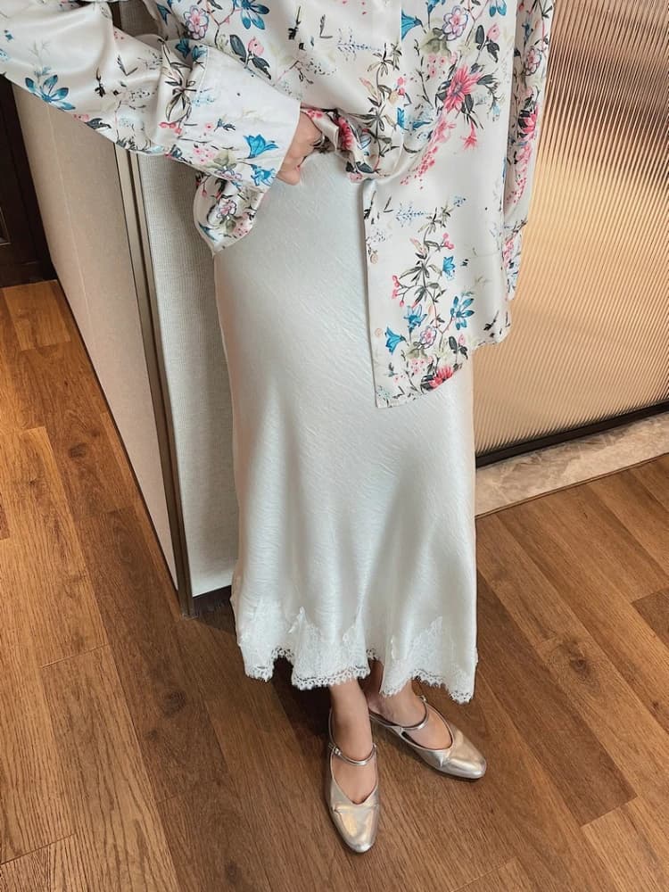 Jupe mi-longue en Satin et dentelle pour femmes, Patchwork, ligne a, élégante, lisse, vêtements pour
