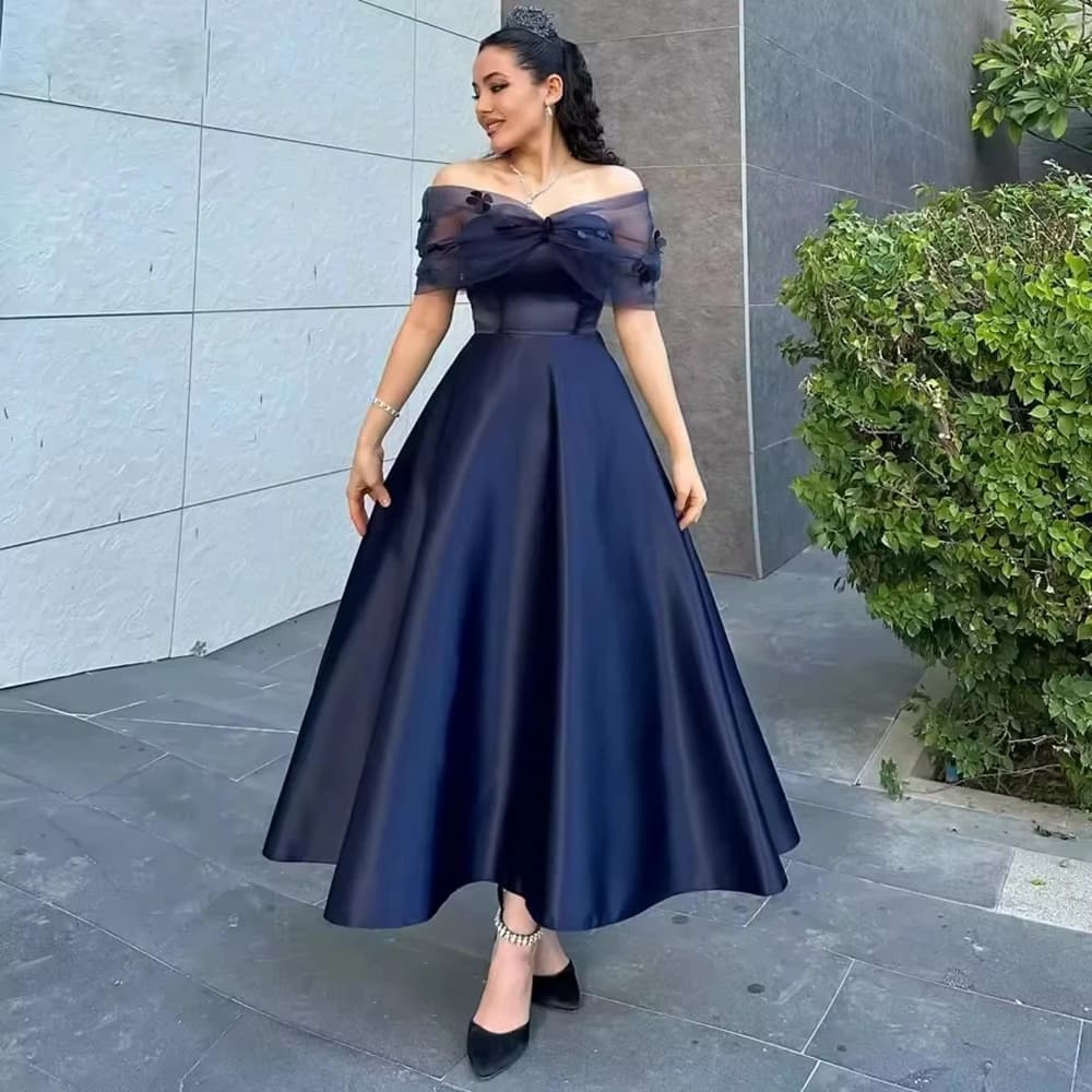 Robes de soirée longues bleu marine Bomaris, Vestidos De Festa, épaules dénudées, en satin, formelle