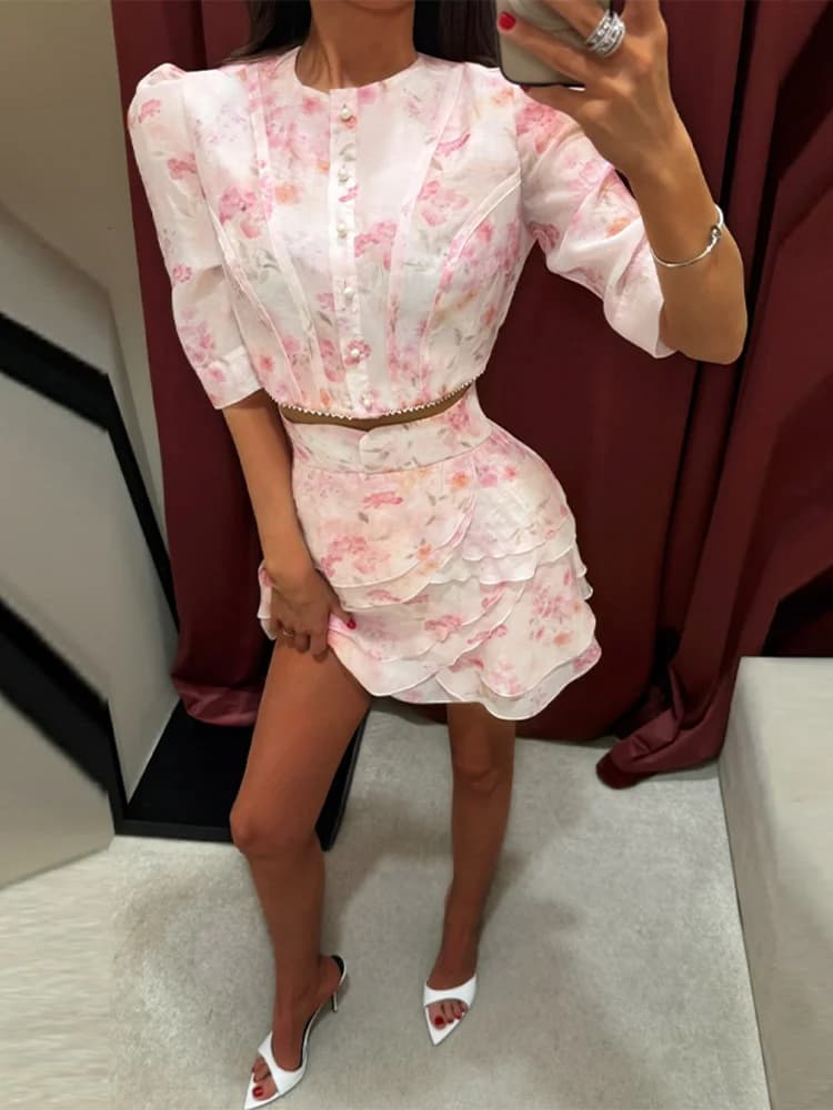 Nouveaux ensembles jupe et haut pour femme, imprimés, avec haut court à manches mi-longues à volants
