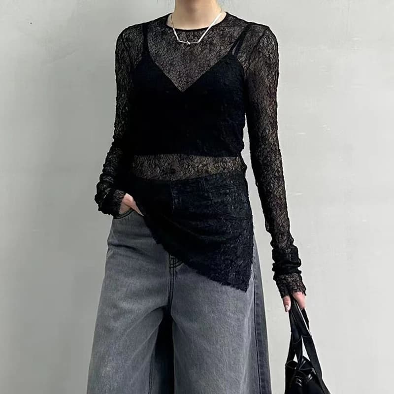 Style Designer~ Haut transparent en dentelle à manches longues pour femme, collection été 2026, chem