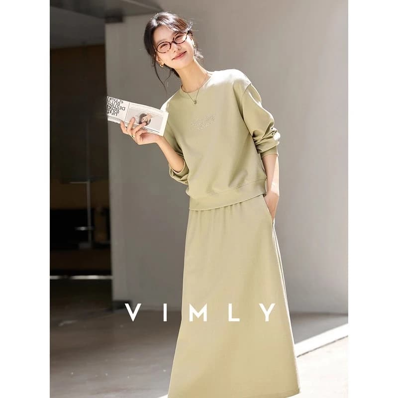 VIMLY Ensemble 2 Pièces Jupe et Sweat Femme Automne 2026 Vert Sportif Manches Longues Broderie Lettr