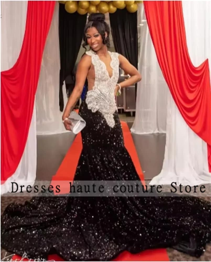 Robe de bal longue à paillettes noires scintillantes pour filles noires, style sirène, strass en cri