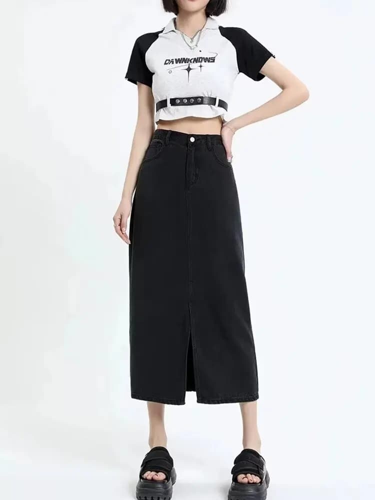 Jupe mi-longue en jean noir New Tang, taille haute, fendue, fine, pour femme, style frais et décontr