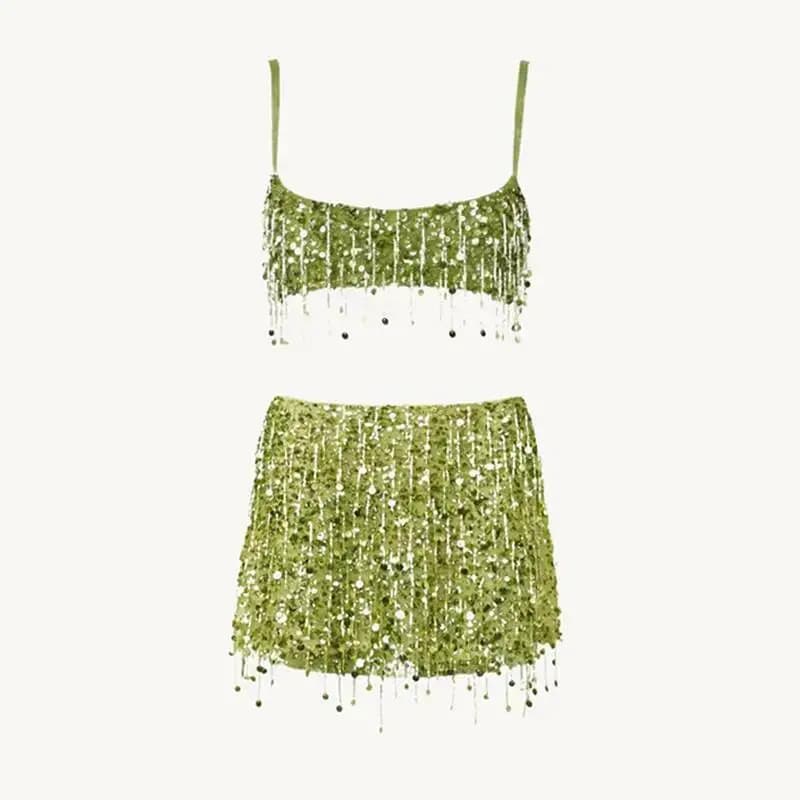 Ensemble jupe à franges à paillettes pour femmes, haut court à bretelles, paquet de hanches, jupes c