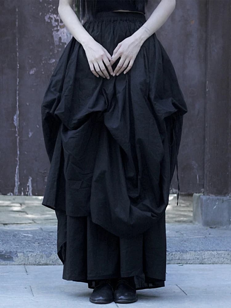 EAM noir taille haute élastique cordon irrégulière cheville longueur jupe ample femmes mode marée no