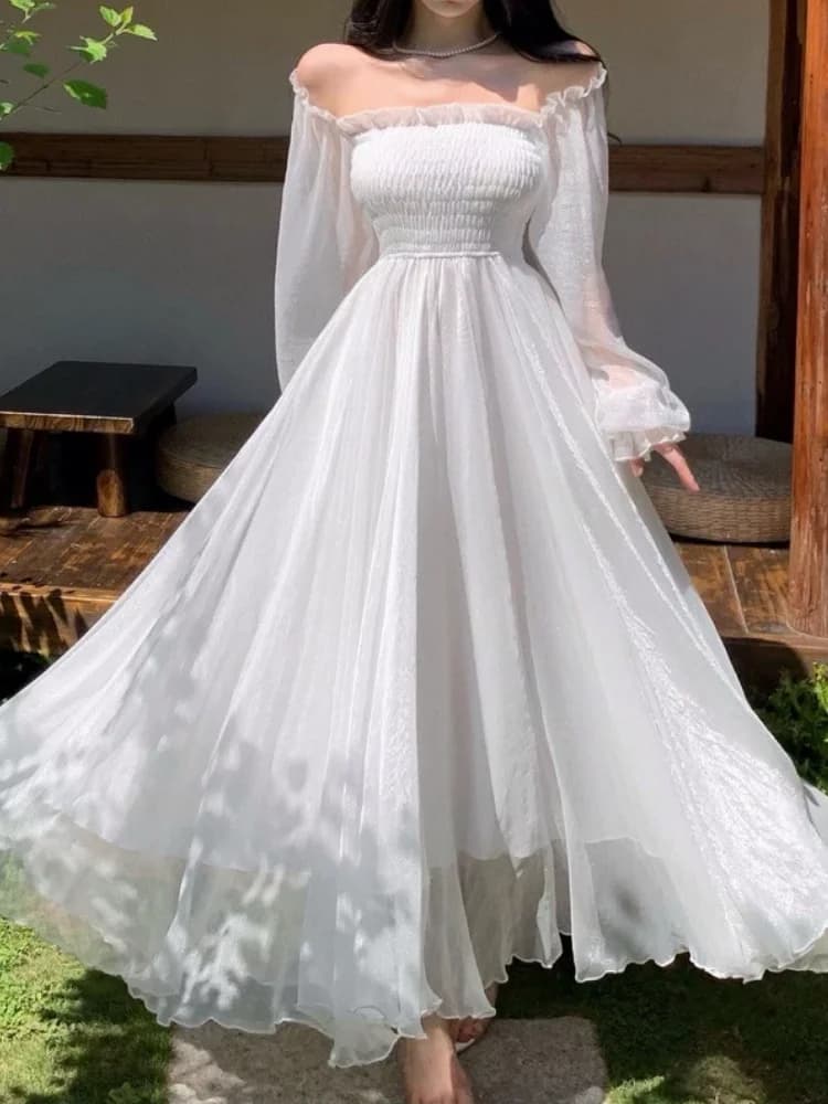 Horetong – robe Maxi élégante pour femmes, blanche, épaules dénudées, manches longues bouffantes, ta