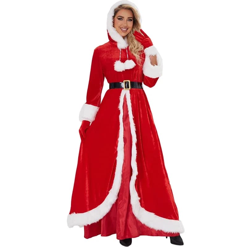 Robe de Noël pour femmes, robe de fête du Nouvel An en velours, costume de Père Noël, chapeau rouge,
