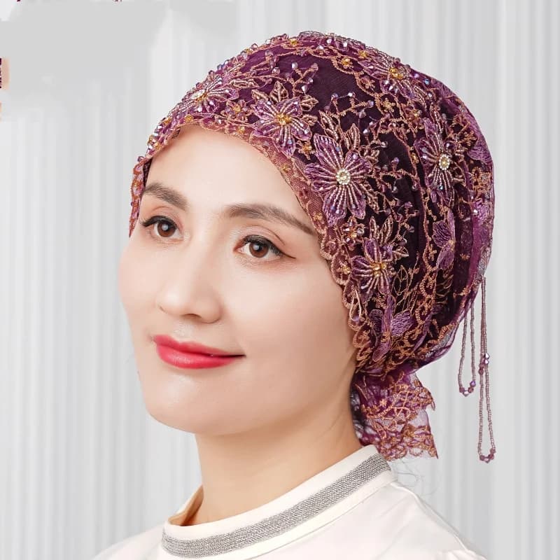 Bonnet de luxe à longues franges perlées, Hijab musulman, Chapeau en dentelle, Turban islamique pour