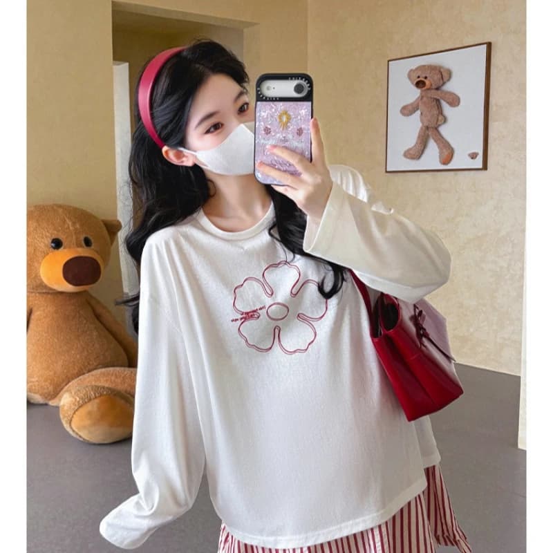 Ensemble de maternité d'été, t-shirt à manches longues à imprimé fleurs blanches mignonnes et jupe c