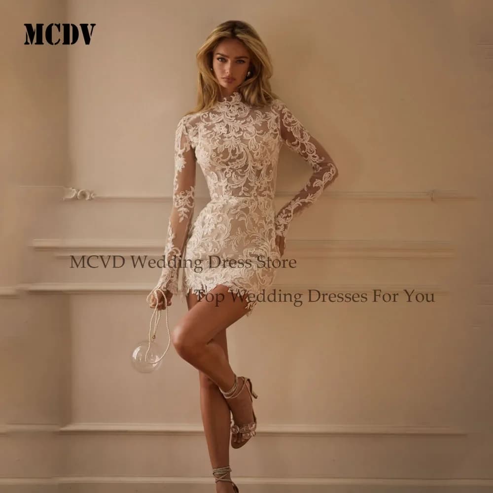 Robes de mariée en dentelle civile avec appliques, col montant, mini-robe de soirée pour mariée, au-