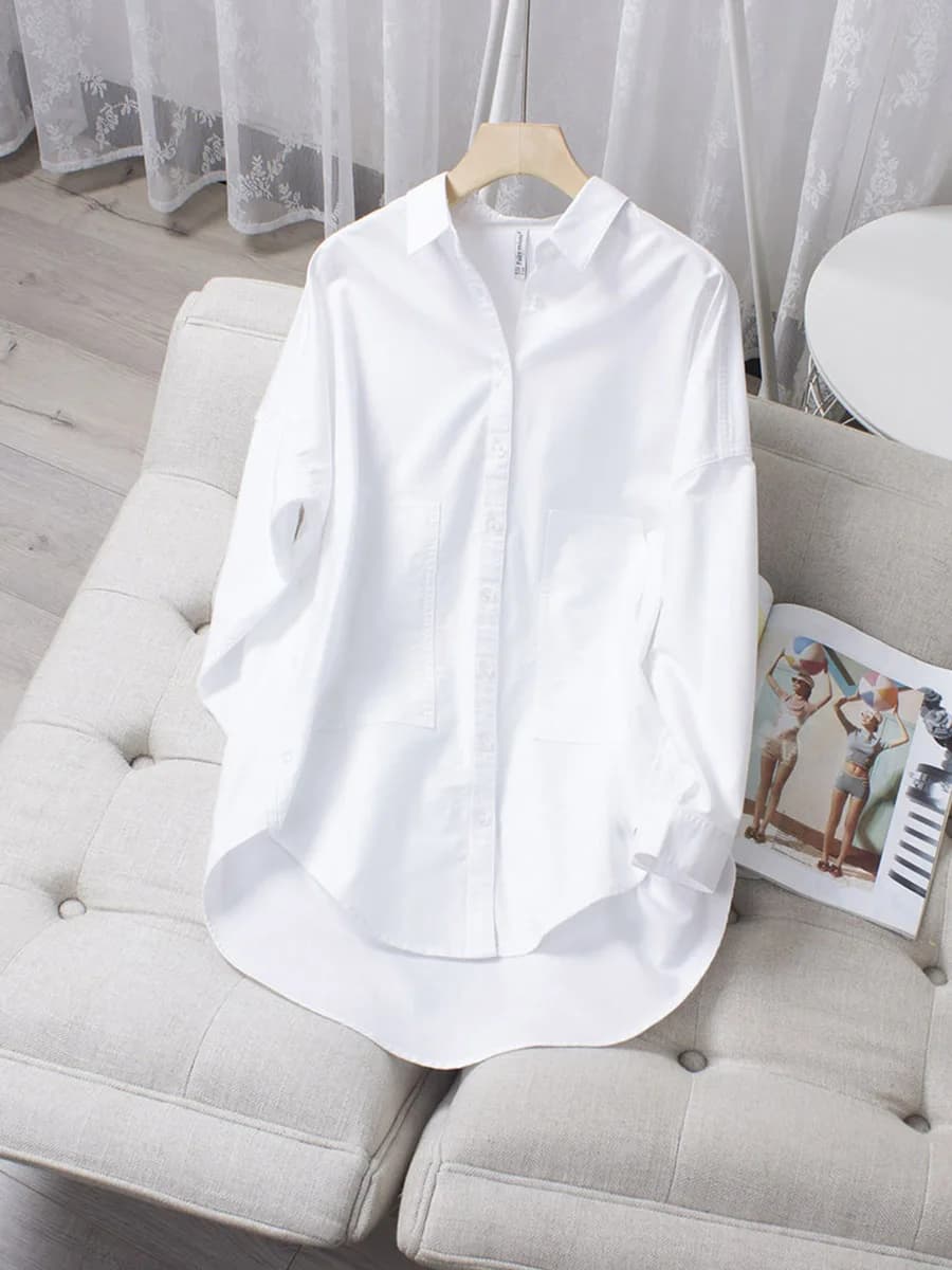 Chemise blanche de longueur moyenne pour femme, pur coton, Oxford, ample, tendance, polyvalente, sli