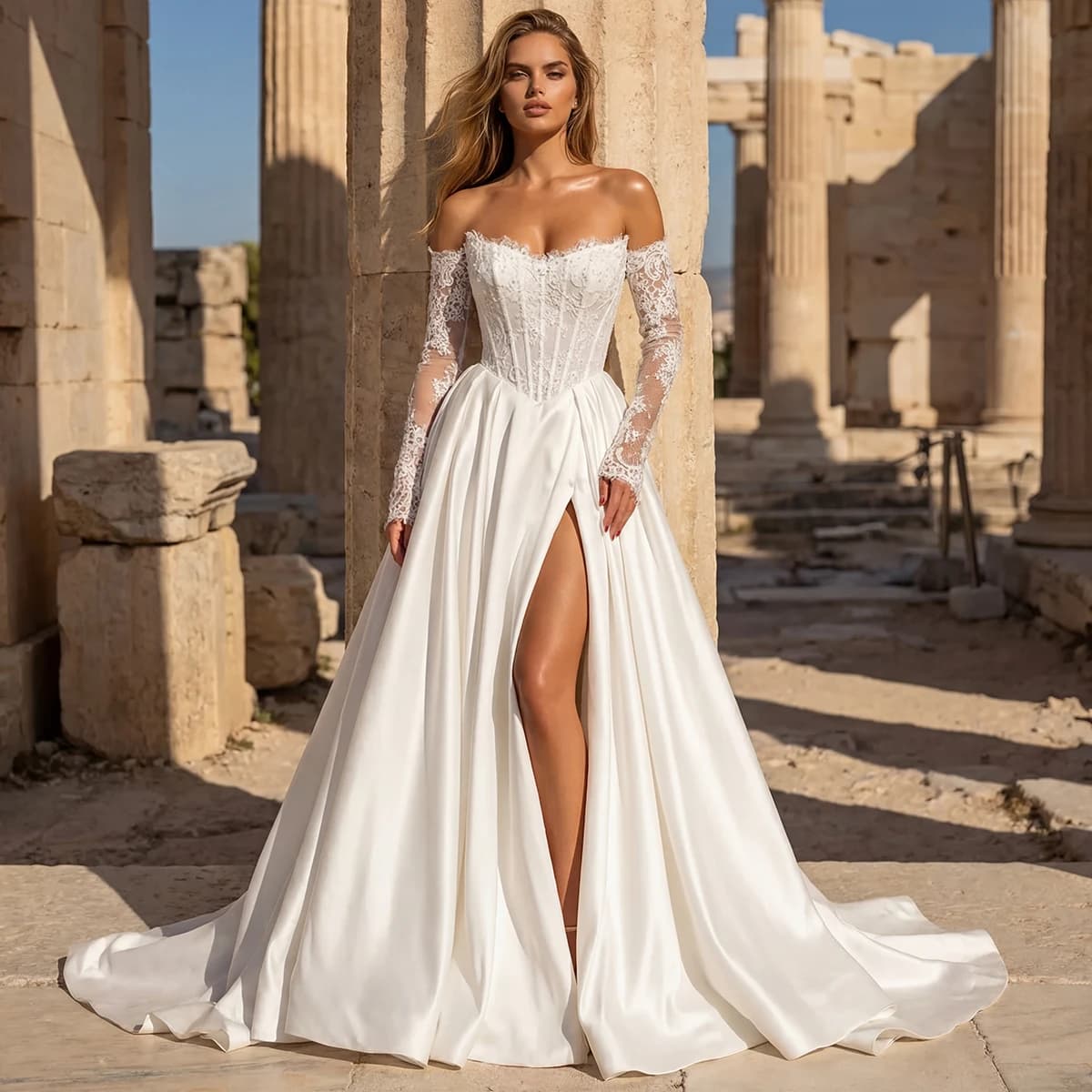 Robe de mariée élégante en Satin et dentelle pour femmes, manches longues, épaules dénudées, ligne A