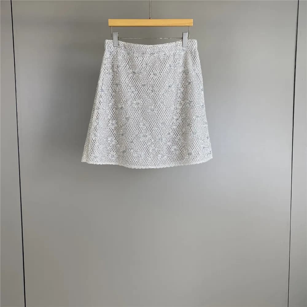 Ensemble 3 pièces pour femmes, haut à manches courtes brodé de fleurs en sequins + jupe mi-longue